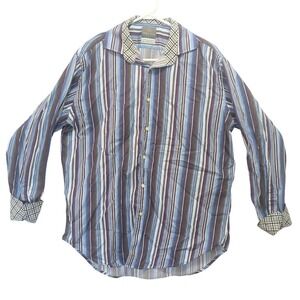 Thomas Dean Mens‎ L Blue Purple Striped Button Up Shirt Cotton Long Sleeve